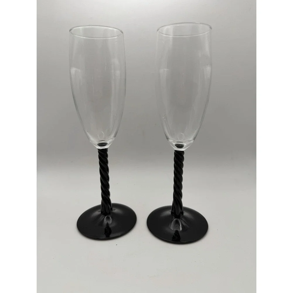 Luminarc Champagne Flutes Set of 2 Black Twisted Stem Clear Glass 8